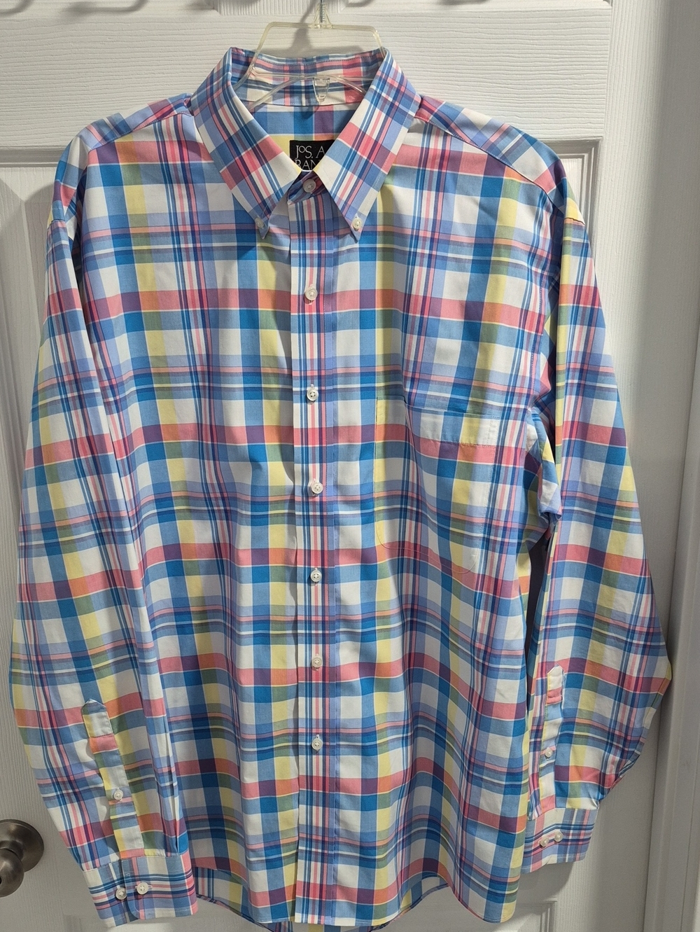 Jos. A. Bank Men's Pastel Plaid Button-Down Shirt - Blue/Yellow/Red